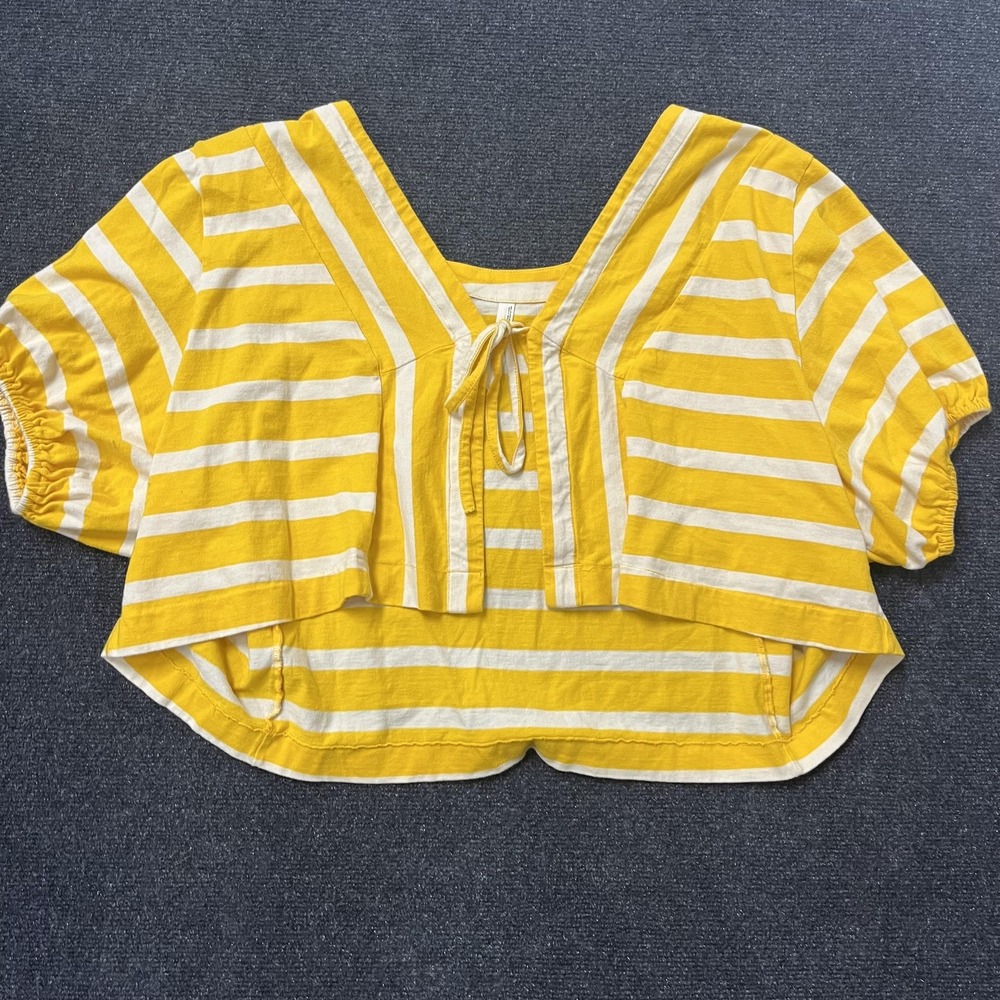 By Anthropologie Shirt Womens Medium Yellow White‎ Striped Tie Front Crop Blouse